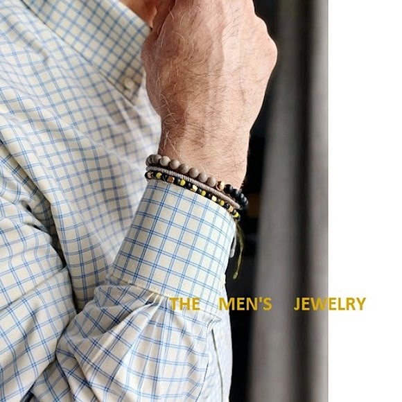 New men's jasper stone with black agate & hand woven 3 pieces set bracelets - Picture 1 of 8